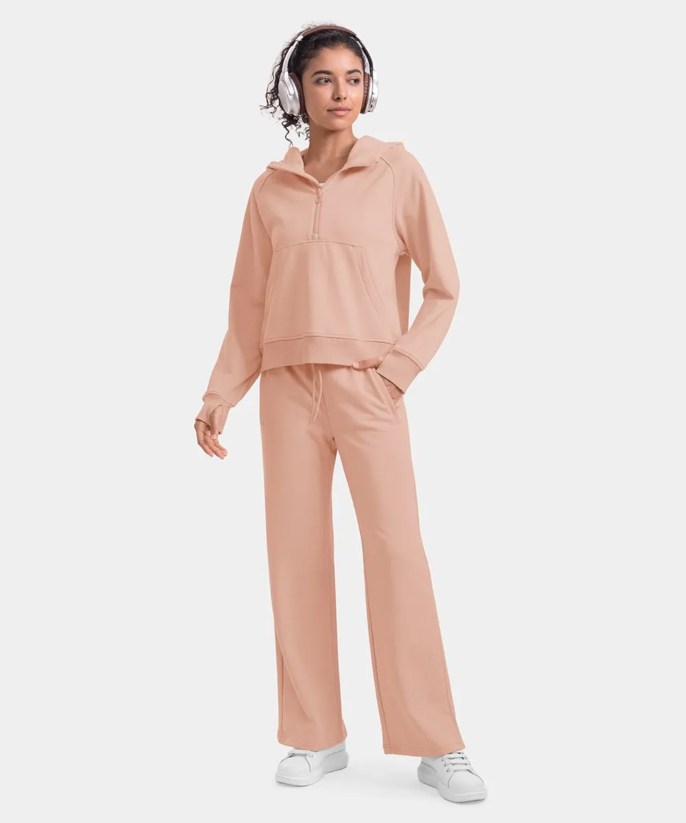 Women's 1/2 Zip Hooded Pullover And Wide Leg Pants Casual Set
