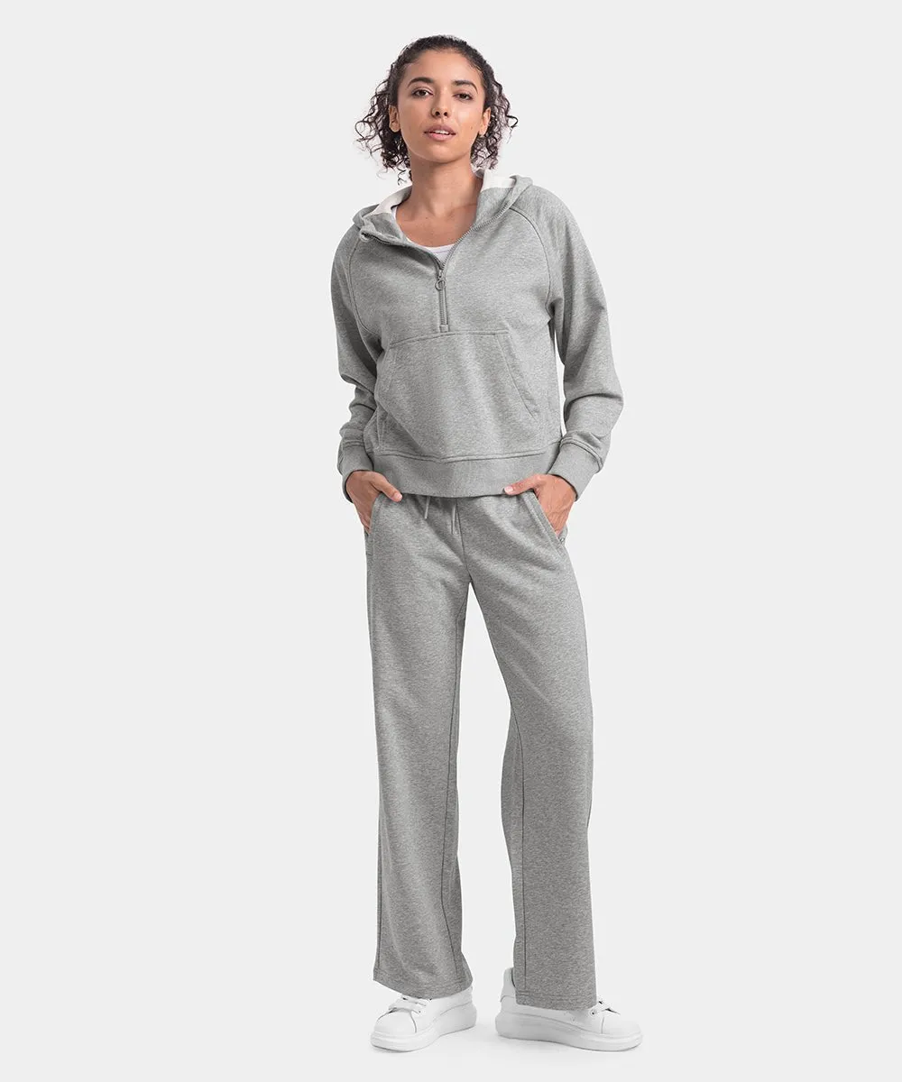Women's 1/2 Zip Hooded Pullover And Wide Leg Pants Casual Set