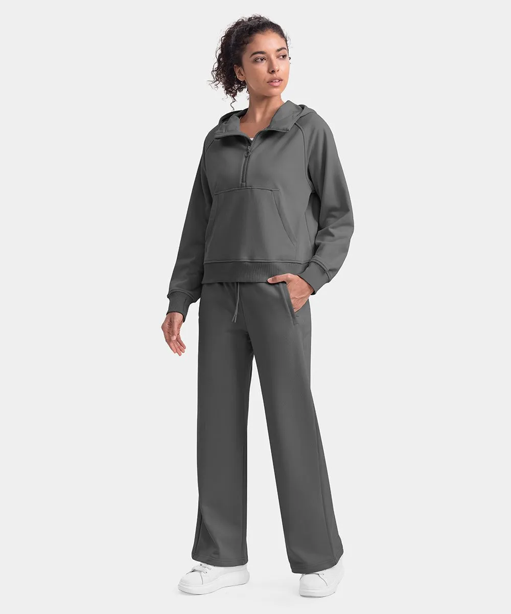 Women's 1/2 Zip Hooded Pullover And Wide Leg Pants Casual Set