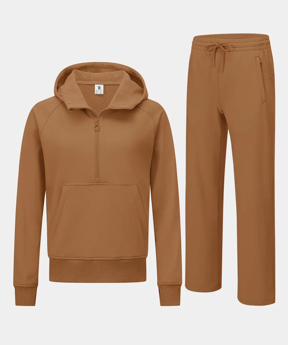 Women's 1/2 Zip Hooded Pullover And Wide Leg Pants Casual Set