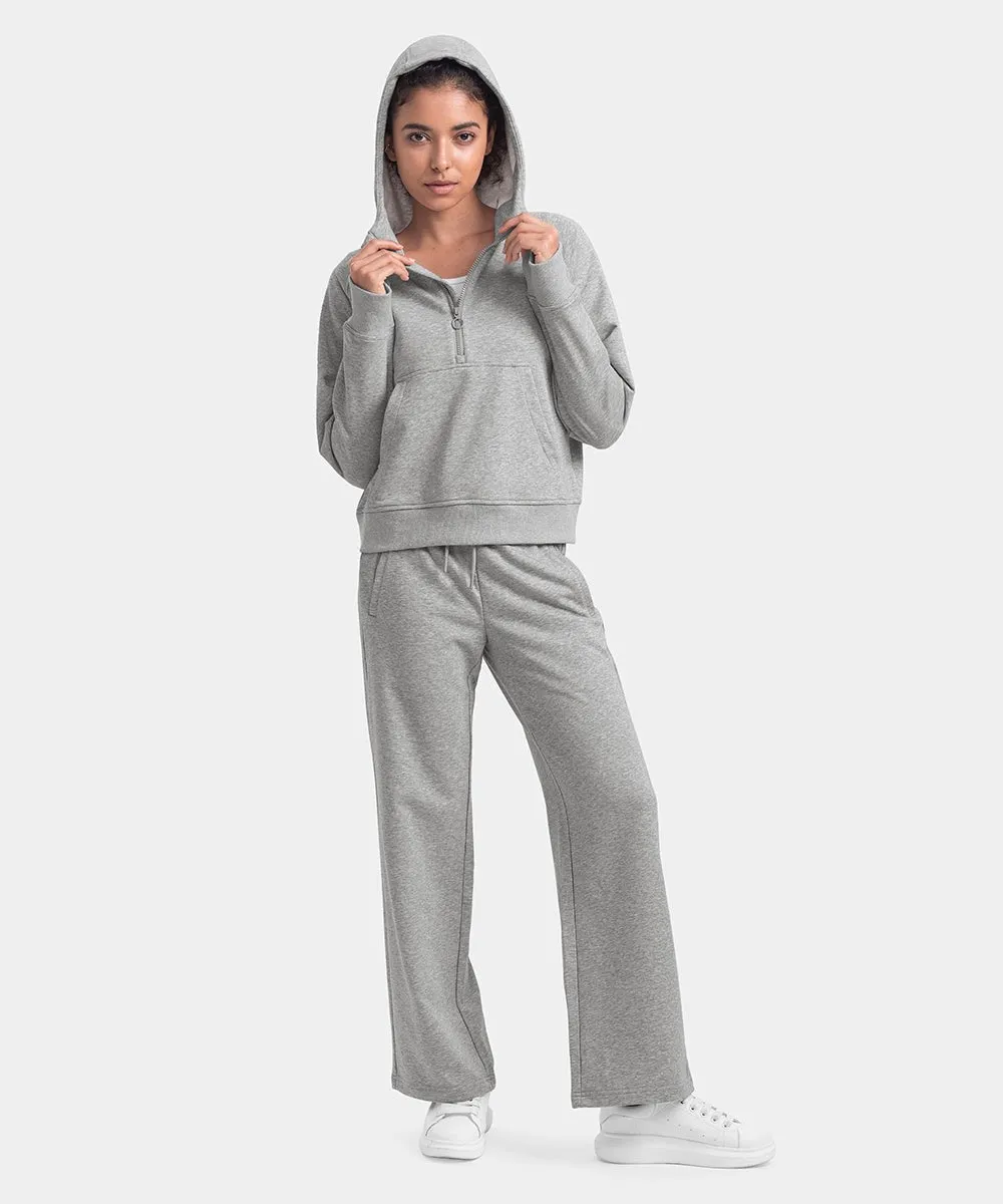 Women's 1/2 Zip Hooded Pullover And Wide Leg Pants Casual Set