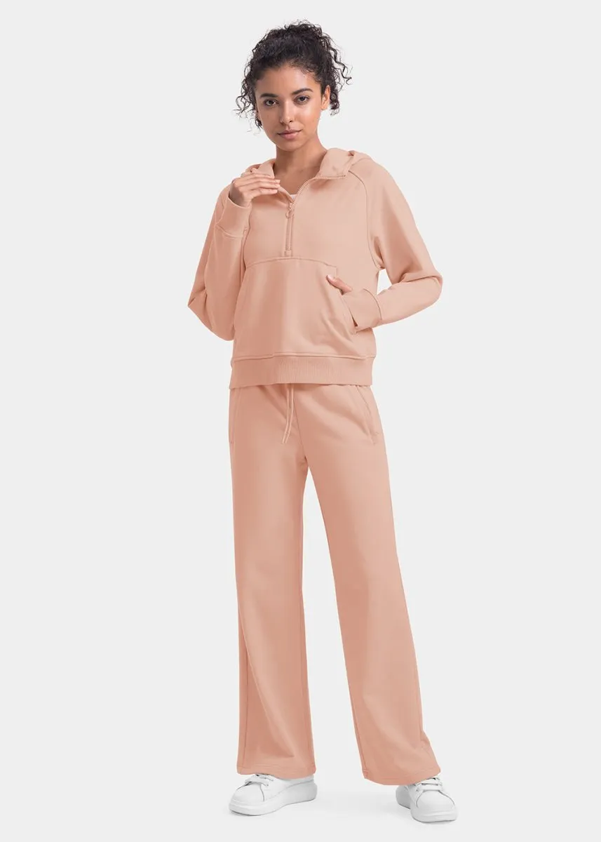 Women's 1/2 Zip Hooded Pullover And Wide Leg Pants Casual Set