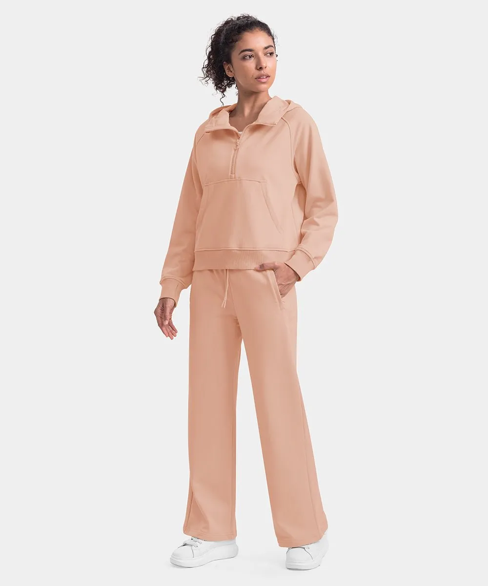 Women's 1/2 Zip Hooded Pullover And Wide Leg Pants Casual Set