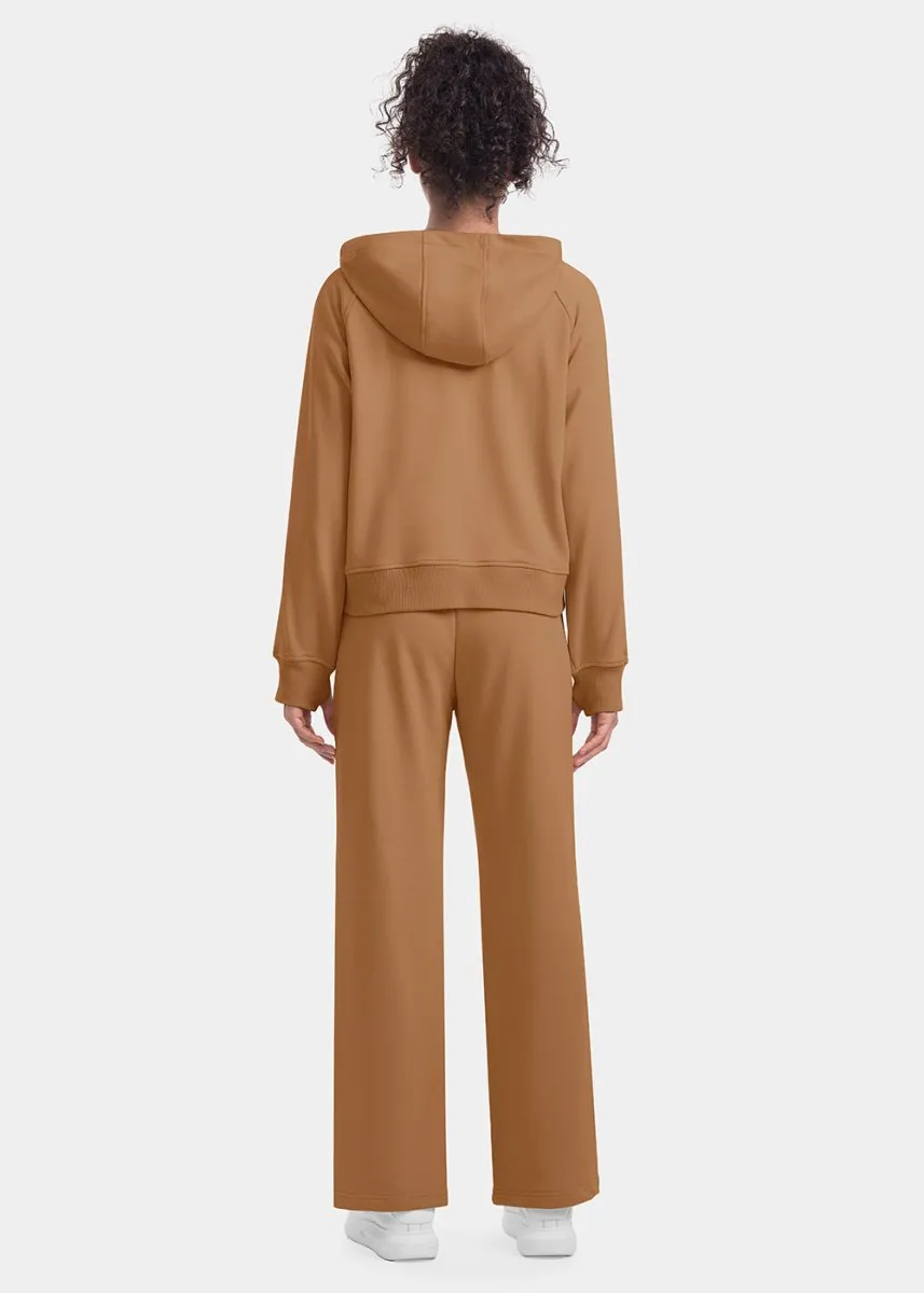 Women's 1/2 Zip Hooded Pullover And Wide Leg Pants Casual Set