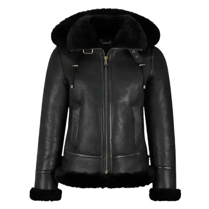Women's B3 Bomber Hooded Jacket – Classic Black Shearling Style
