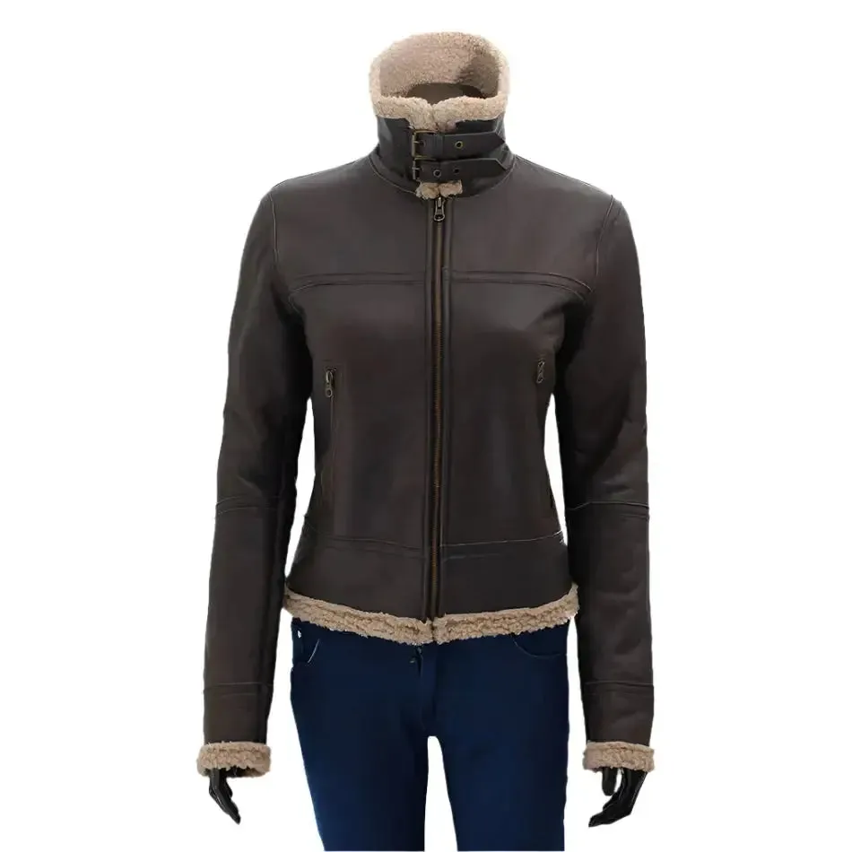 Women's Dark Brown Leather Bomber Jacket – Shearling Fur Lined & Stylish