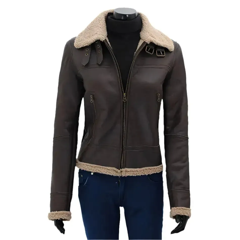 Women's Dark Brown Leather Bomber Jacket – Shearling Fur Lined & Stylish