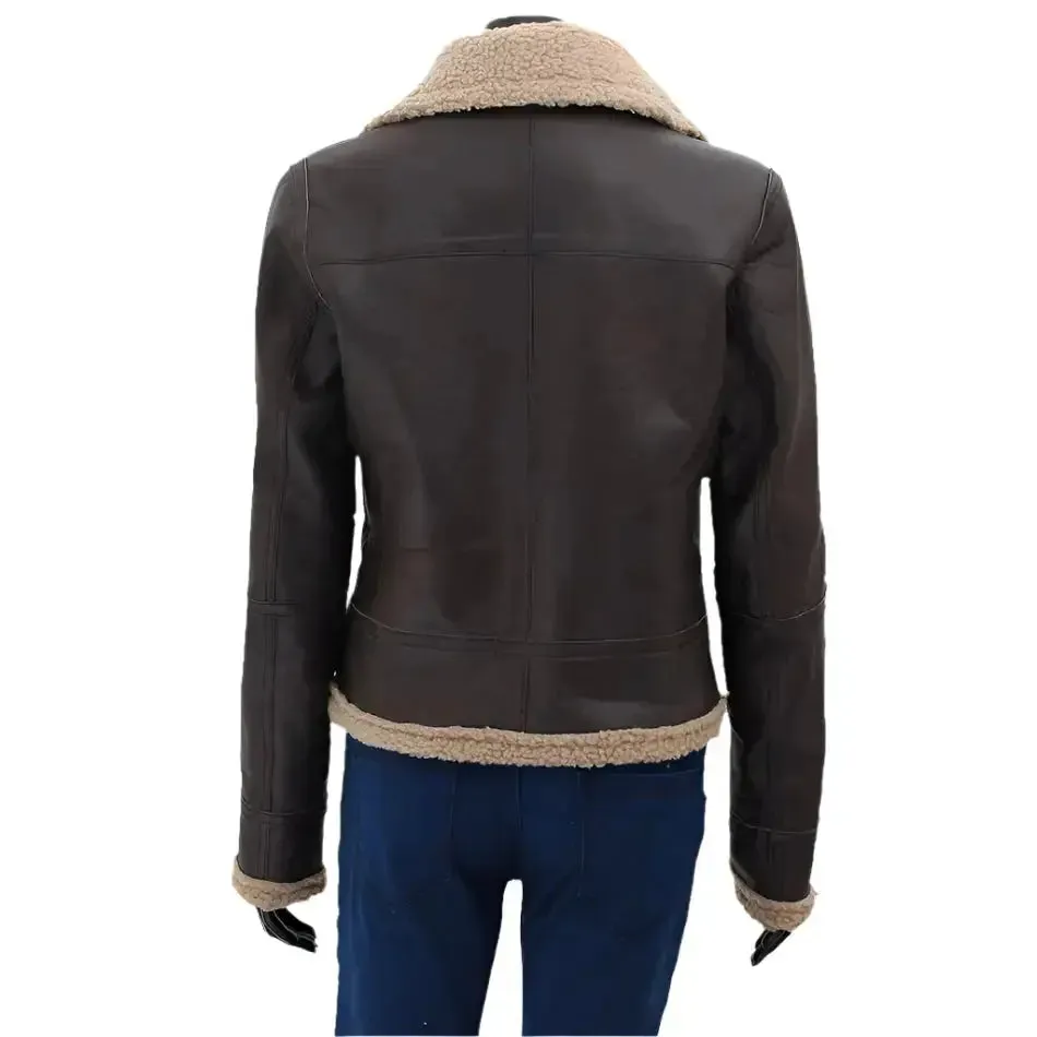 Women's Dark Brown Leather Bomber Jacket – Shearling Fur Lined & Stylish