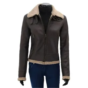 Women's Dark Brown Leather Bomber Jacket – Shearling Fur Lined & Stylish
