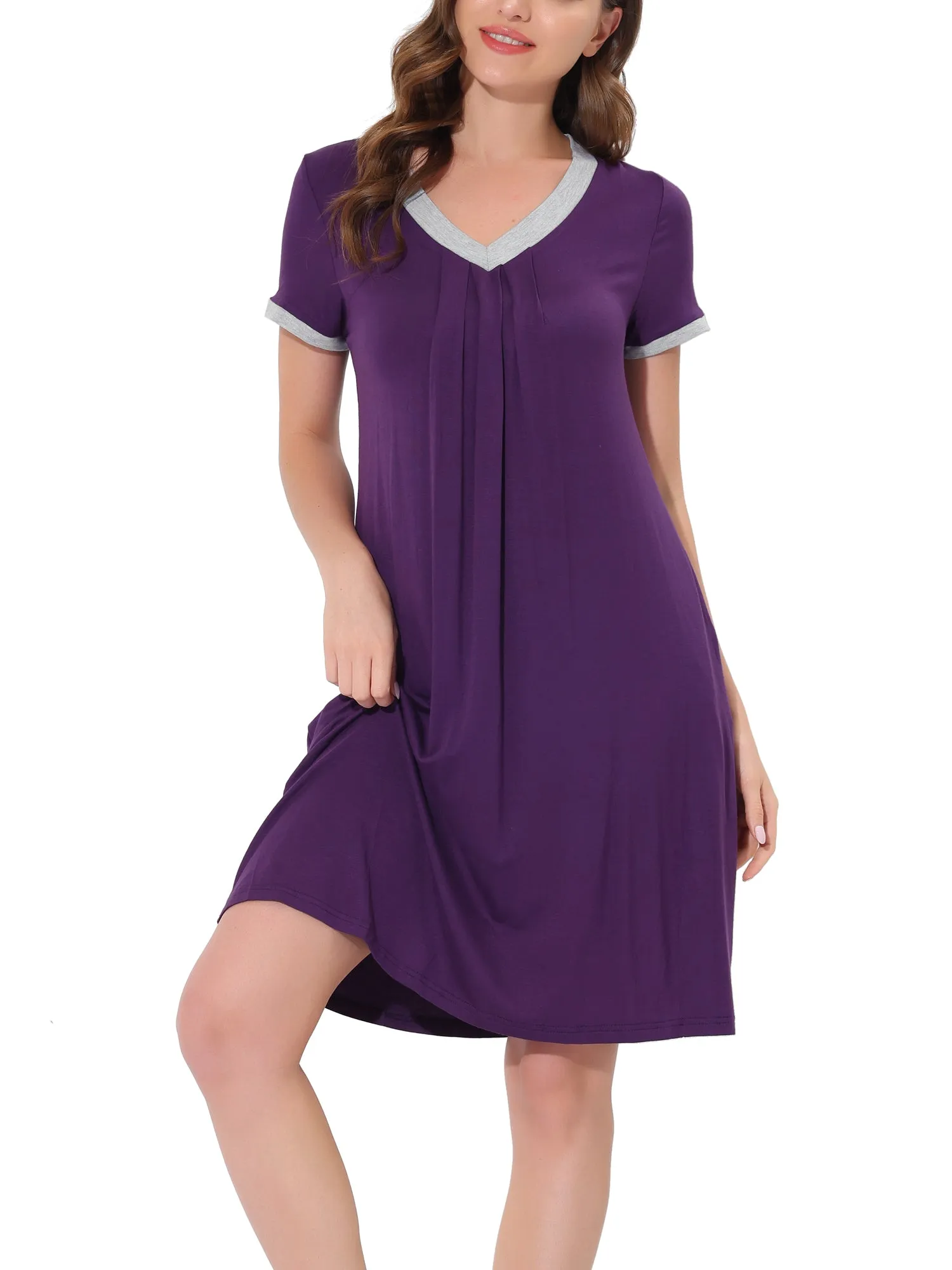 Women's Pajama Dress Nightshirt Sleepwear V-Neck with Pockets Lounge Nightgown