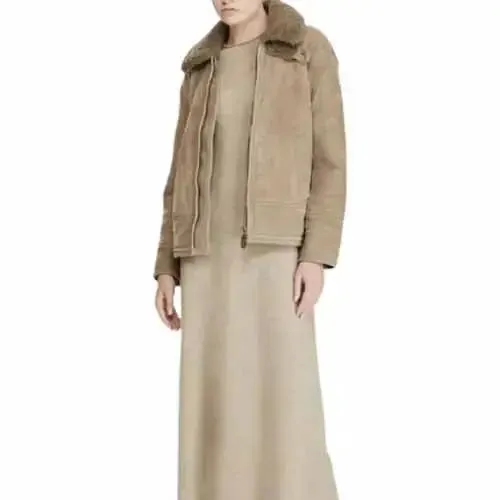 Women's Suede Leather Shearling Bomber Jacket – Stylish & Warm