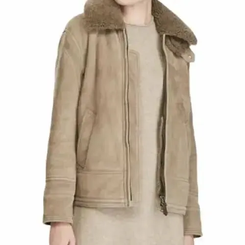 Women's Suede Leather Shearling Bomber Jacket – Stylish & Warm