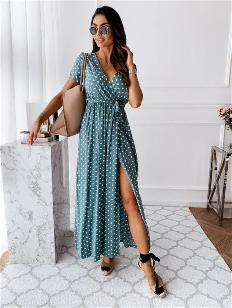 Yeknu Women Dresses Summer Fashion Polka Dot Split Boho Dress V-Neck Women Casual Beach Vacation Long Dresses Vestido De Mujer