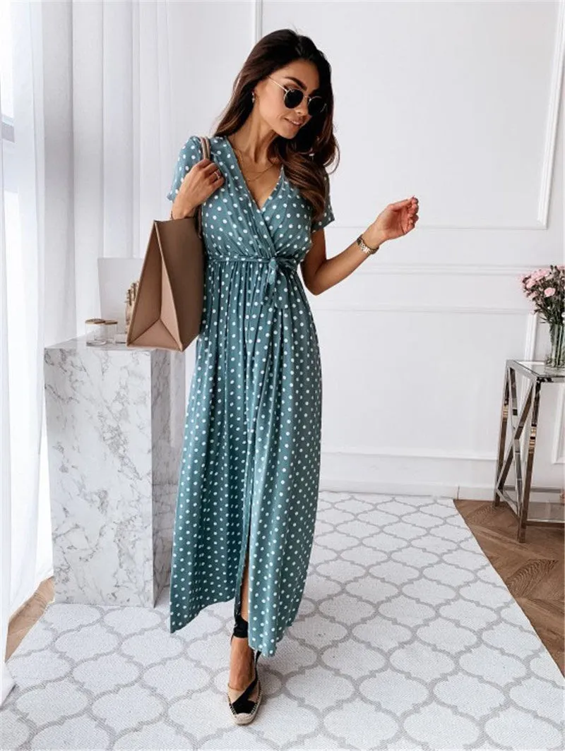 Yeknu Women Dresses Summer Fashion Polka Dot Split Boho Dress V-Neck Women Casual Beach Vacation Long Dresses Vestido De Mujer
