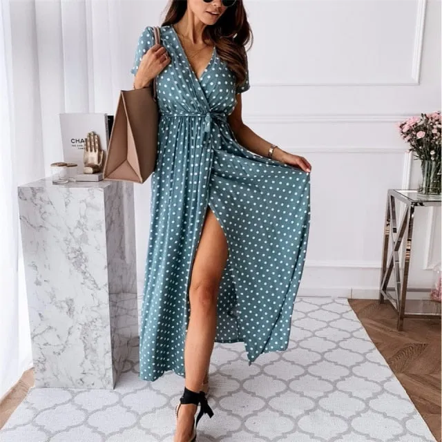 Yeknu Women Dresses Summer Fashion Polka Dot Split Boho Dress V-Neck Women Casual Beach Vacation Long Dresses Vestido De Mujer