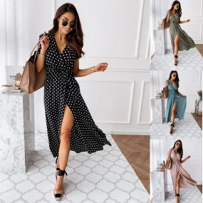 Yeknu Women Dresses Summer Fashion Polka Dot Split Boho Dress V-Neck Women Casual Beach Vacation Long Dresses Vestido De Mujer