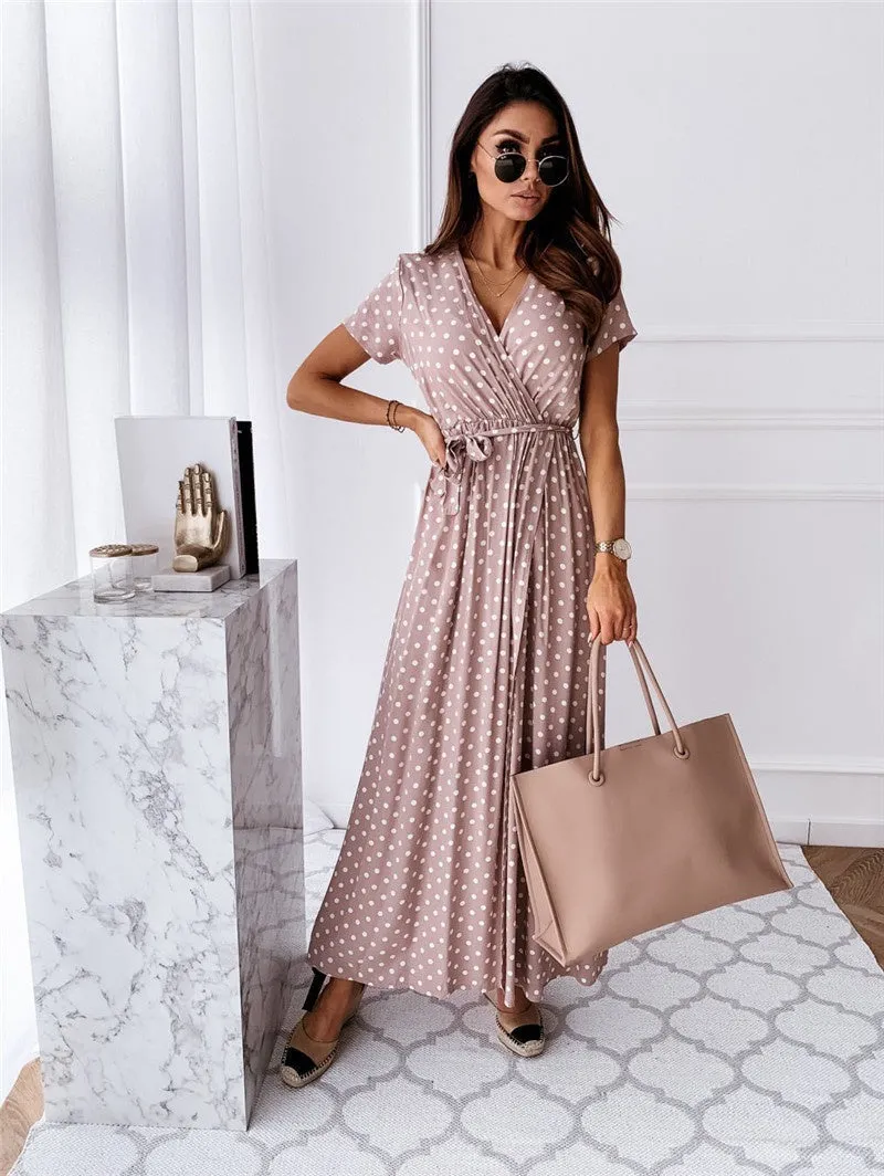 Yeknu Women Dresses Summer Fashion Polka Dot Split Boho Dress V-Neck Women Casual Beach Vacation Long Dresses Vestido De Mujer