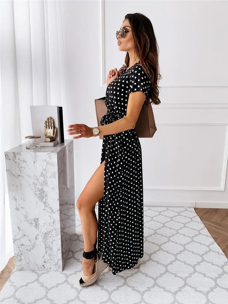 Yeknu Women Dresses Summer Fashion Polka Dot Split Boho Dress V-Neck Women Casual Beach Vacation Long Dresses Vestido De Mujer