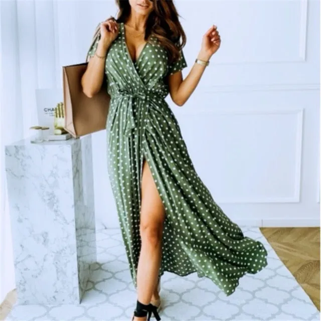 Yeknu Women Dresses Summer Fashion Polka Dot Split Boho Dress V-Neck Women Casual Beach Vacation Long Dresses Vestido De Mujer