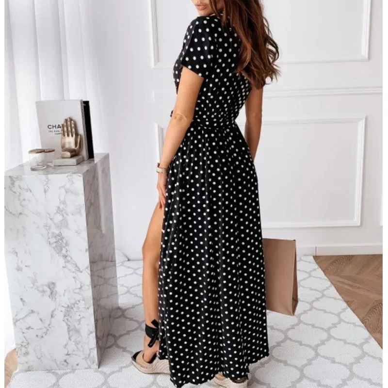 Yeknu Women Dresses Summer Fashion Polka Dot Split Boho Dress V-Neck Women Casual Beach Vacation Long Dresses Vestido De Mujer
