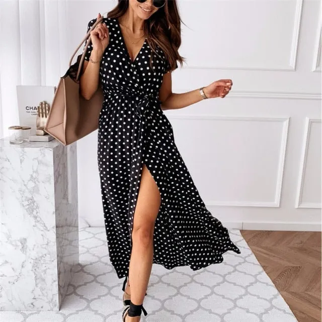 Yeknu Women Dresses Summer Fashion Polka Dot Split Boho Dress V-Neck Women Casual Beach Vacation Long Dresses Vestido De Mujer