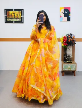 Yellow Anarkali Gown in Organza with Digital Print