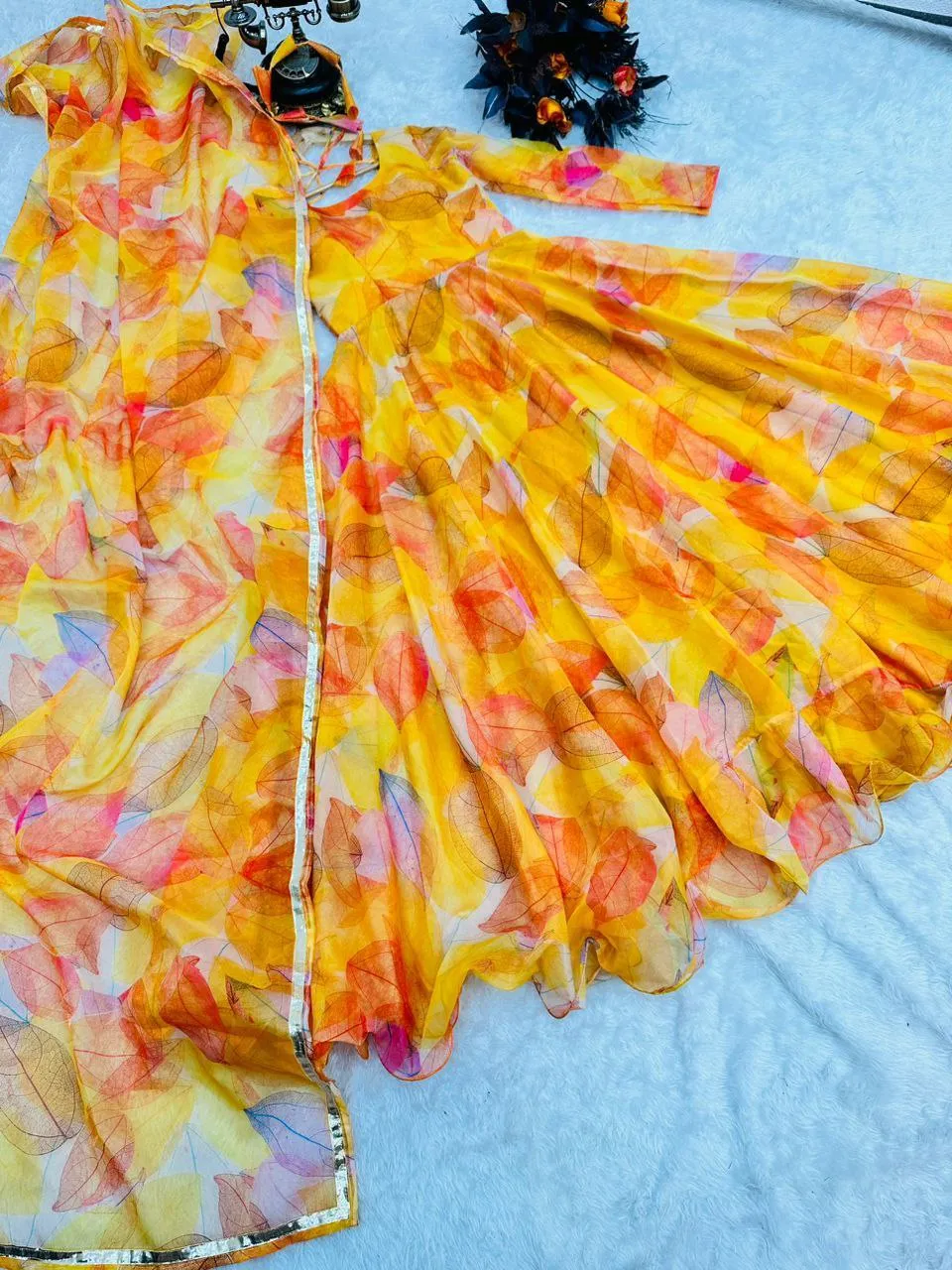 Yellow Anarkali Gown in Organza with Digital Print