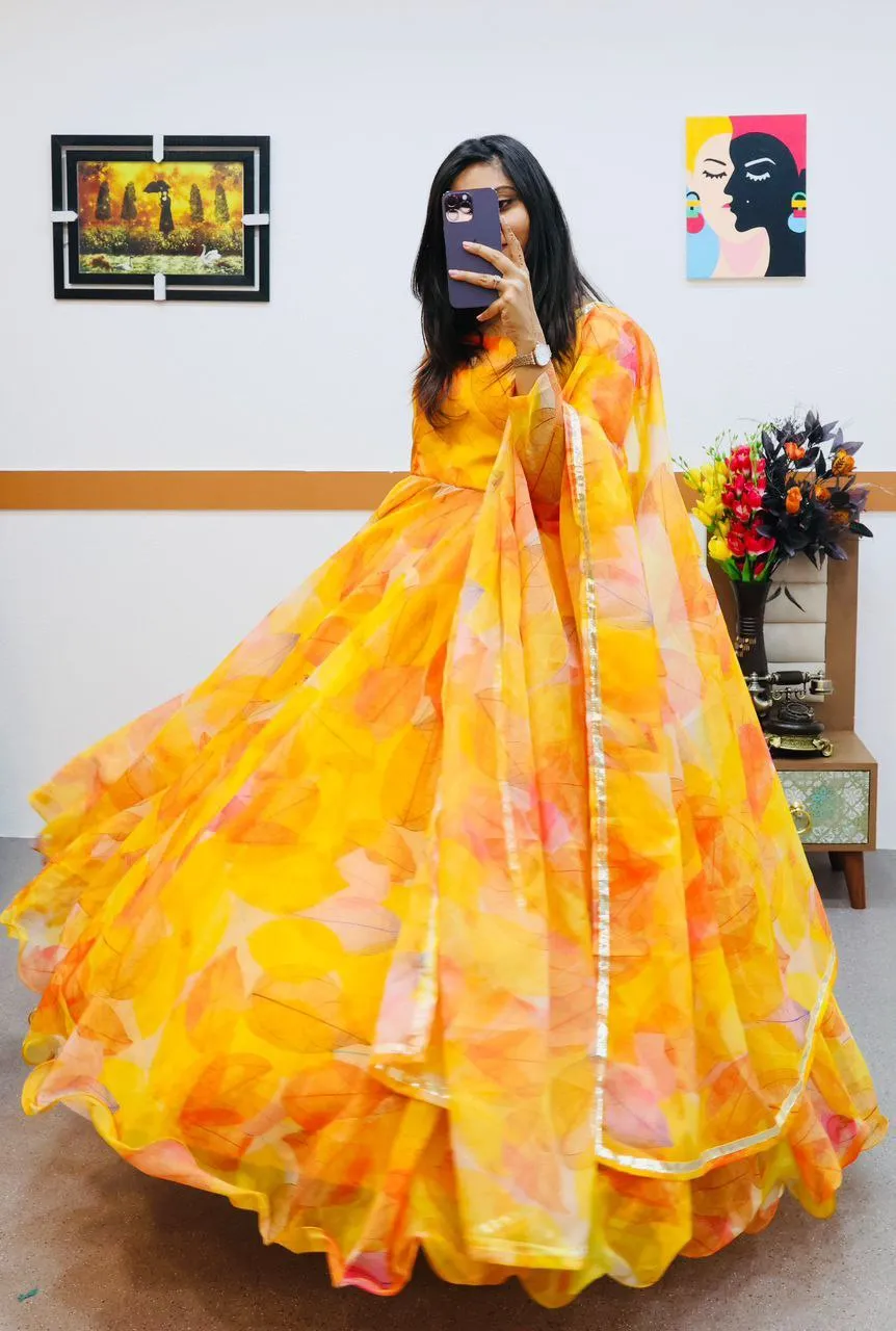 Yellow Anarkali Gown in Organza with Digital Print