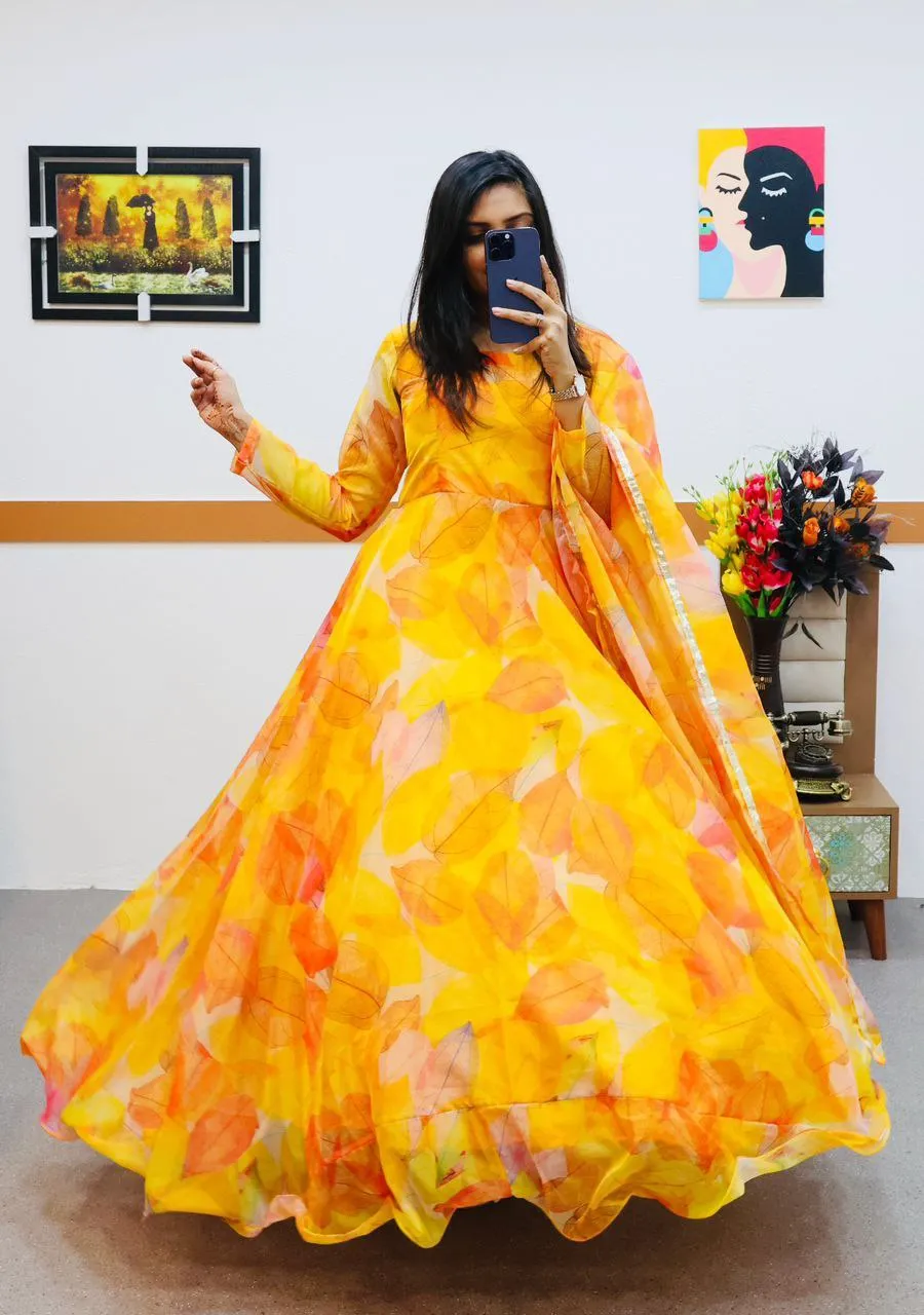 Yellow Anarkali Gown in Organza with Digital Print