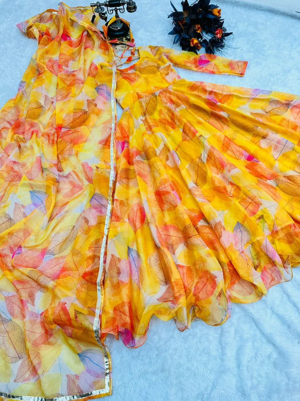 Yellow Anarkali Gown in Organza with Digital Print