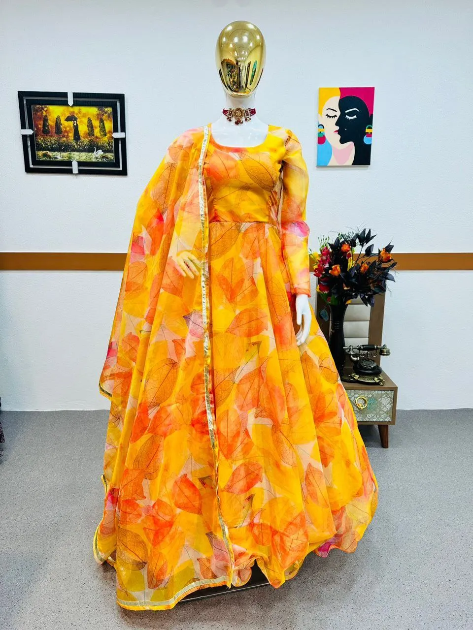 Yellow Anarkali Gown in Organza with Digital Print