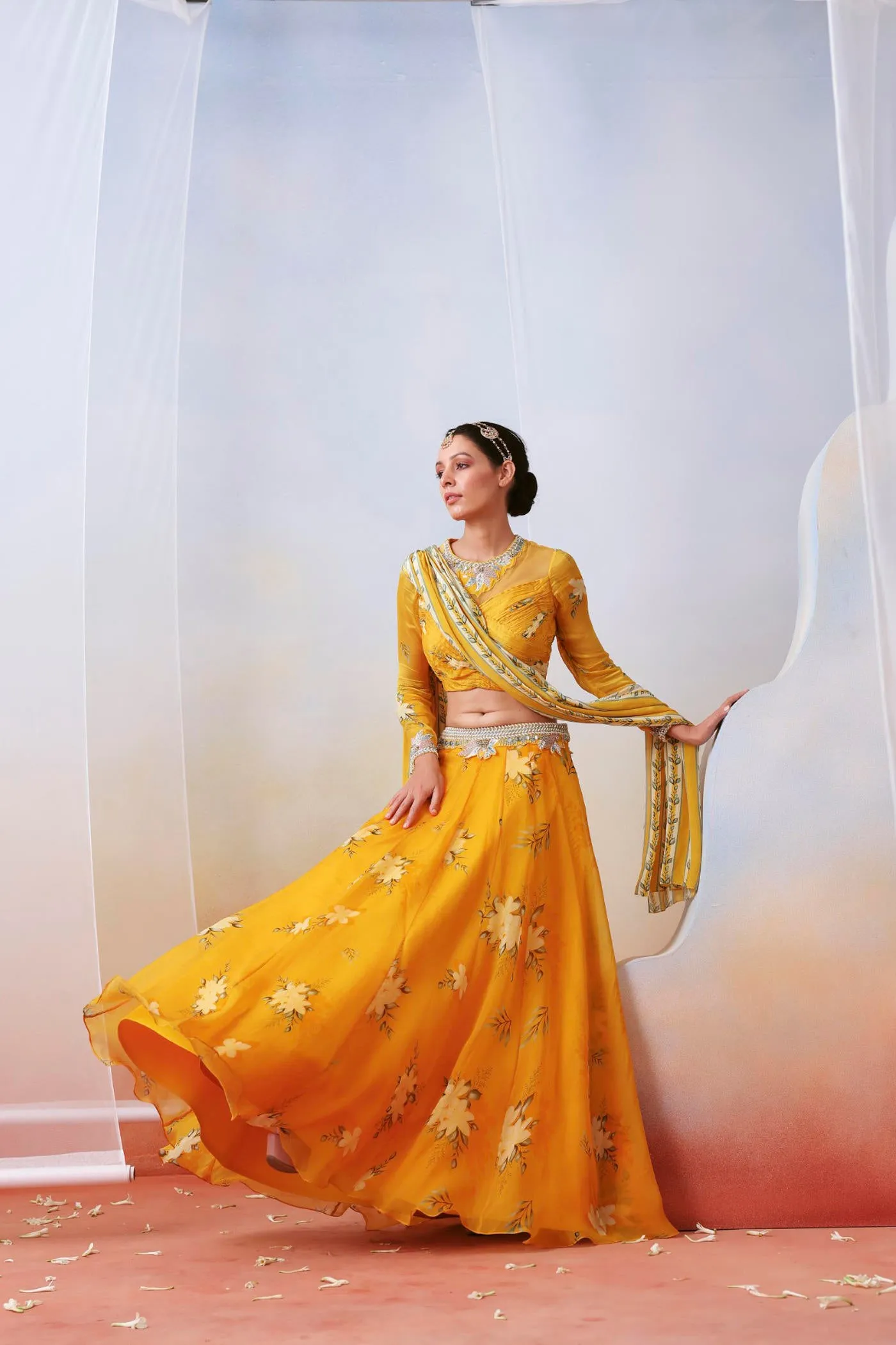 Yellow printed embroidered lehenga set