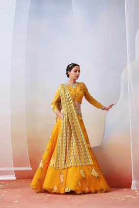 Yellow printed embroidered lehenga set
