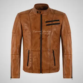 ZANE Mens Leather Biker Jacket Tan Waxed Soft Lambskin