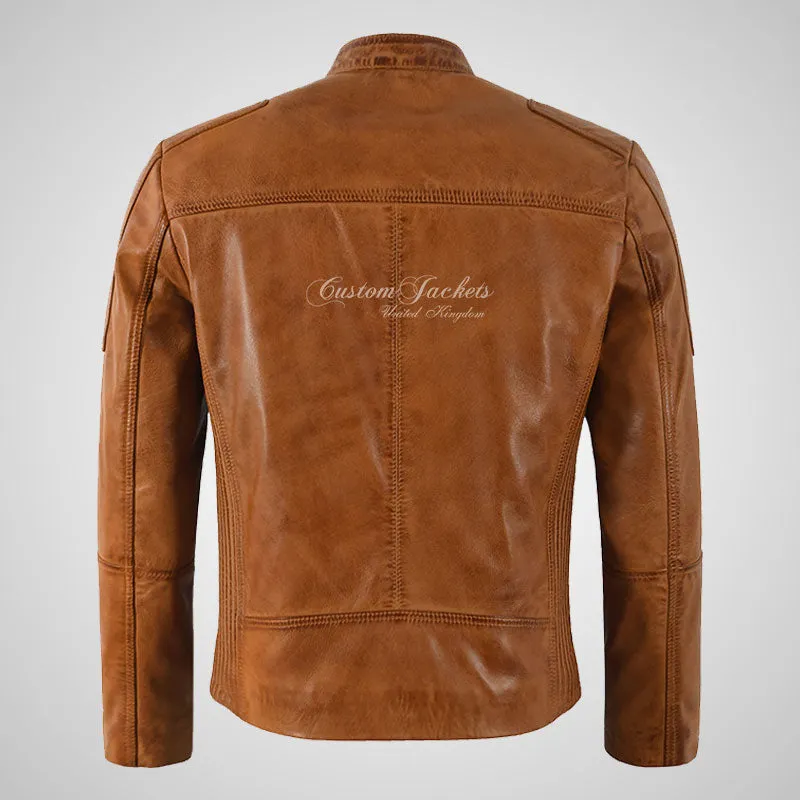 ZANE Mens Leather Biker Jacket Tan Waxed Soft Lambskin